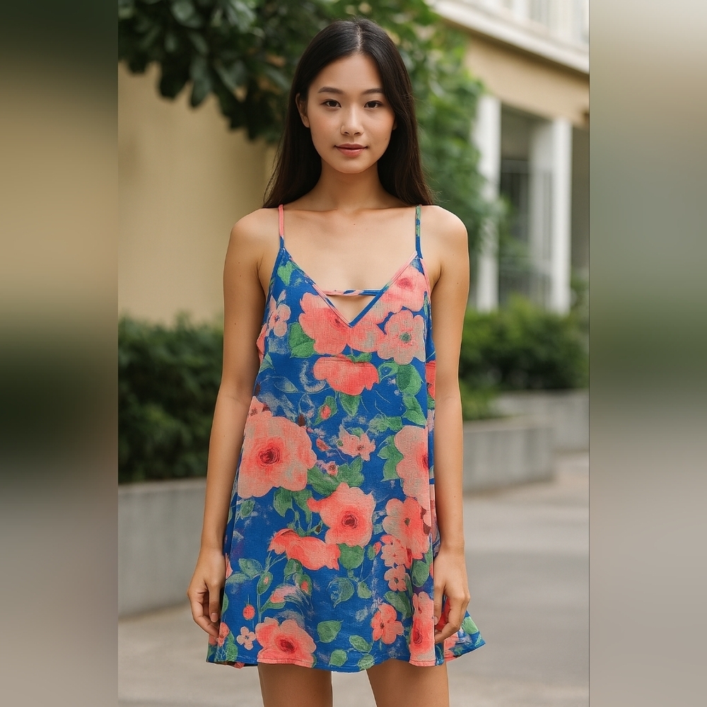 Sweet Claire Boho Vacation Sheer S Vibrant Blue Coral Floral Summer Sundress